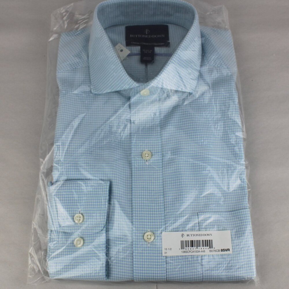 Buttoned Down Classic Long Sleeve Blue Green Square Plaid Pattern Shirt